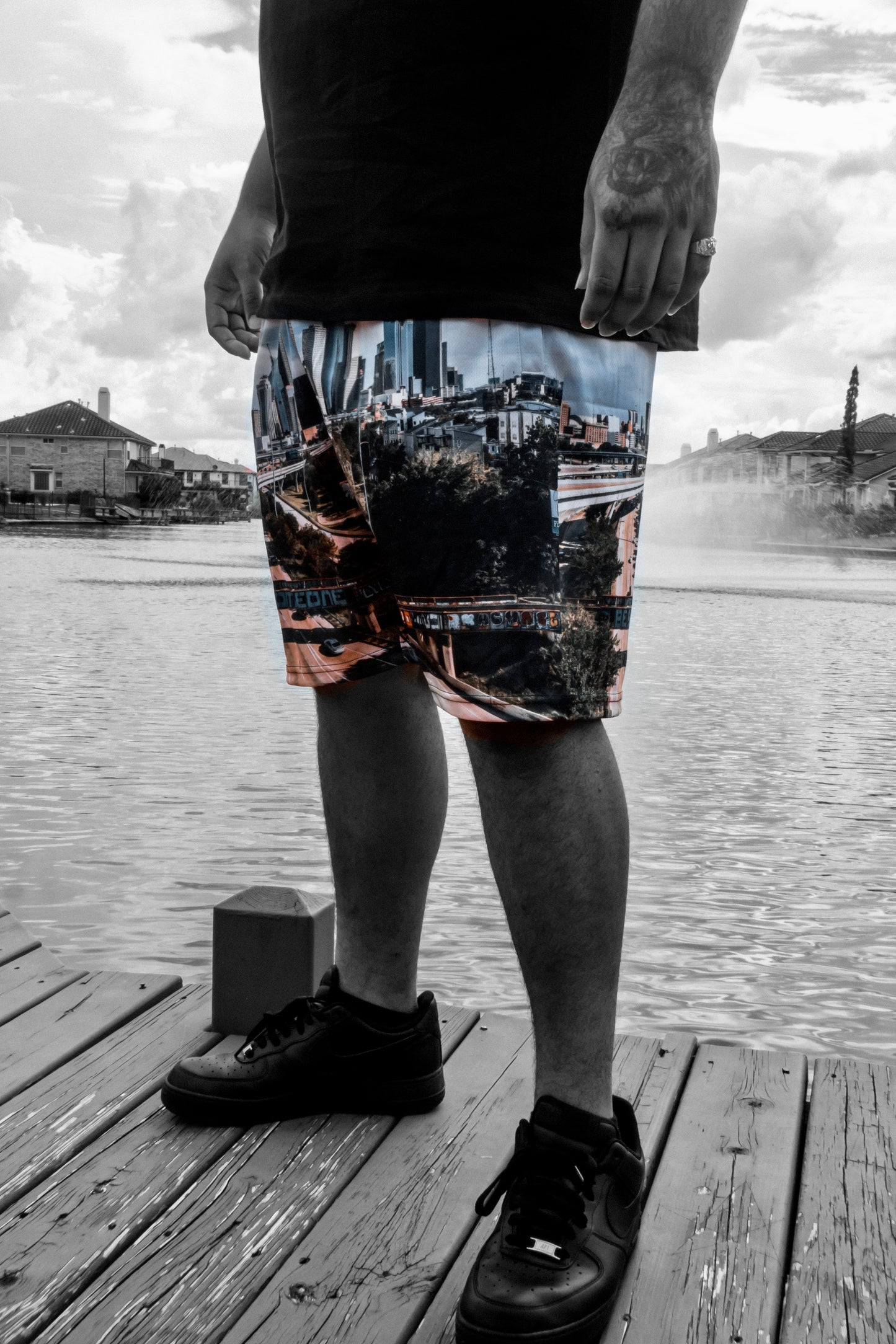 Houston skyline light mesh shorts (above knee)