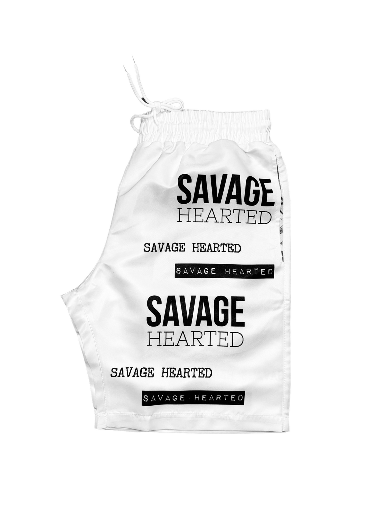 Savage Hearted Logo  Short ( white with blk letters)